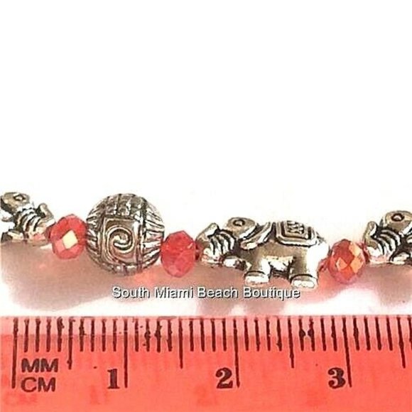 Elephant Bead Charm Bracelet Silver Plated 7-8.5" Adjustable Red Boho Tribal - Picture 8 of 9